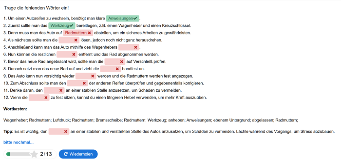 Fill in the Blanks mit Wortkasten